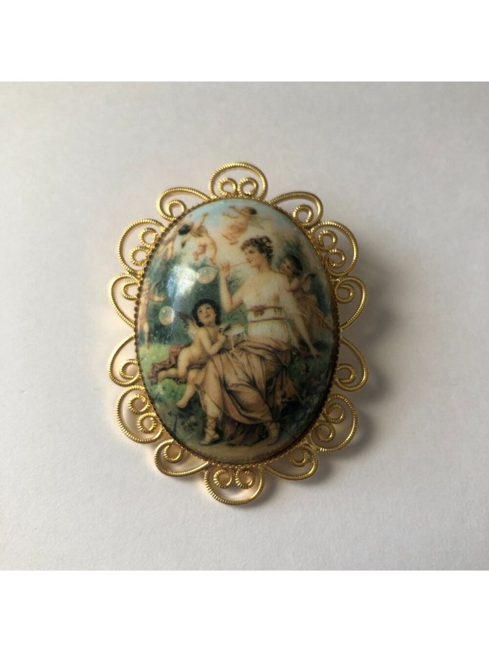 Vintage Greek Angel Nymphs Pin Brooch Pendant Playing Woman Gold Cabochon